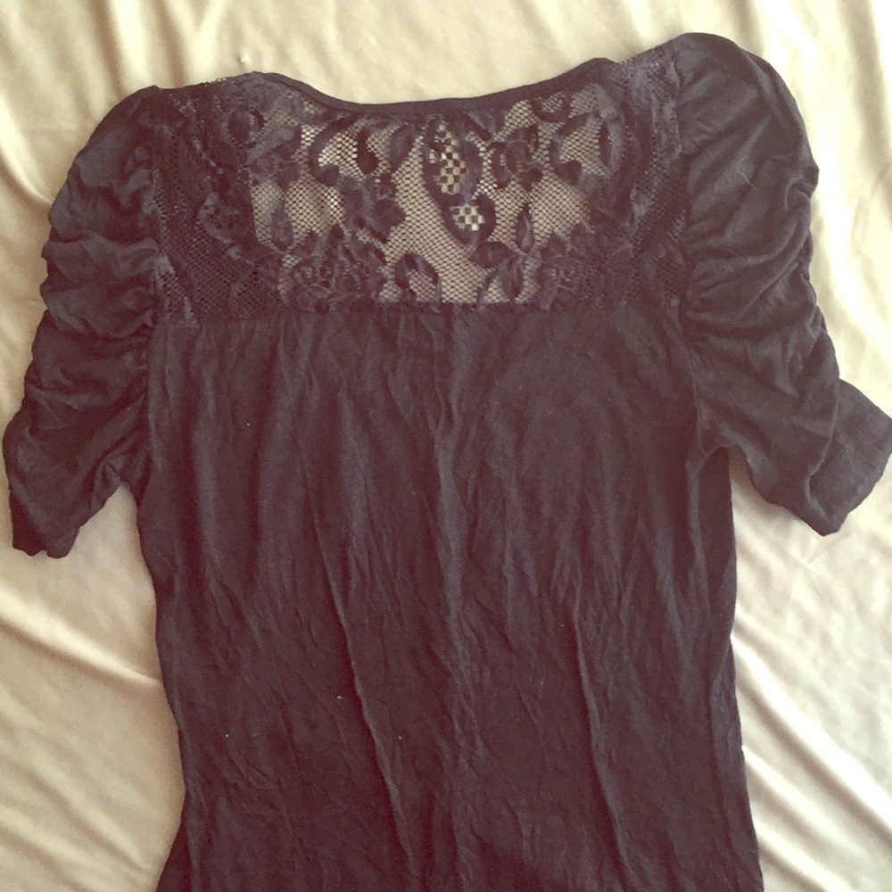 Black dress shirt with lace back & gathered sleeve